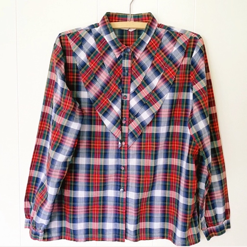 ❌SOLD❌Vtg 70s C’est Chic Plaid Prairie Prep Blouse
